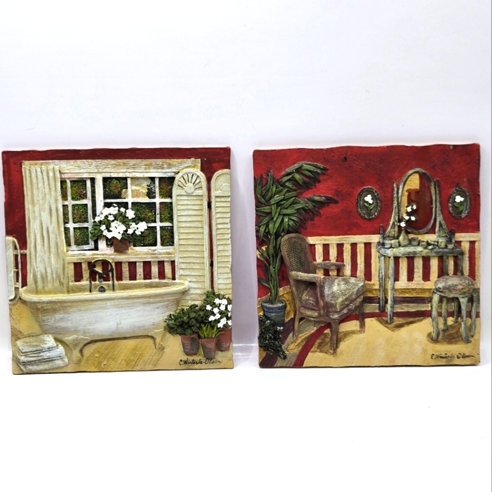 VTG C Winterle Olson Boudoir Bathroom Decor 2 TileS Plaque Wall 3D Art 5.5"×5.5"